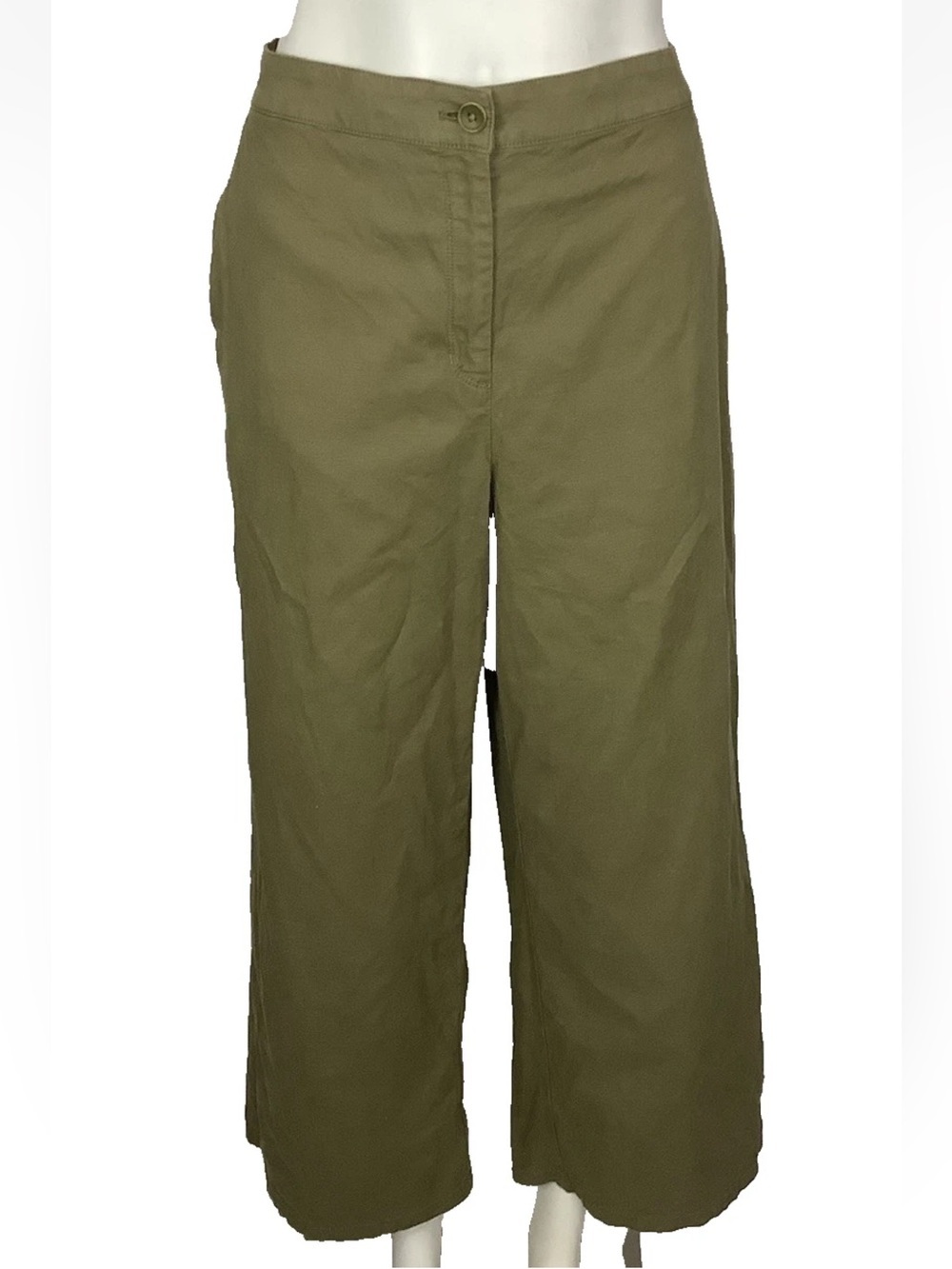 Eileen Fisher Sz L Cotton Hemp Wide Leg Cropped Casual Travel Trousers Green